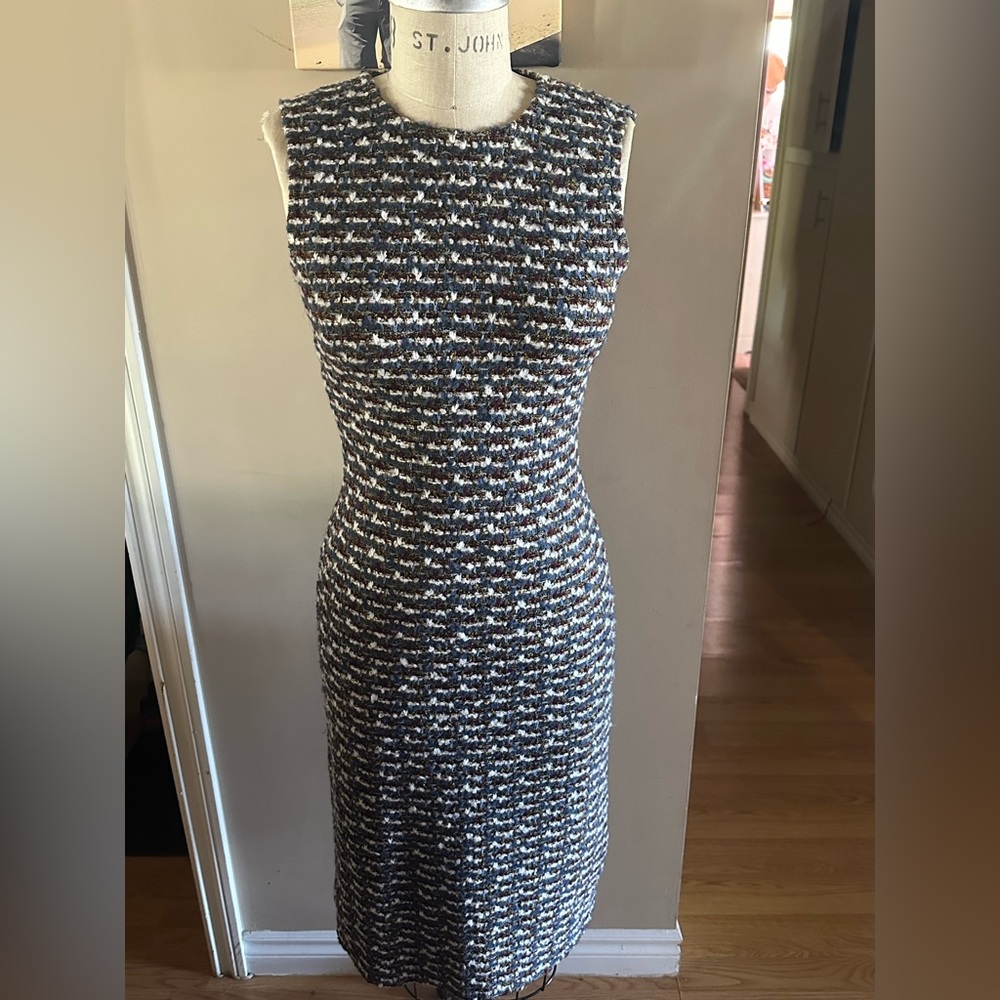 St. John Blue and Brown Tweed Midi Dress